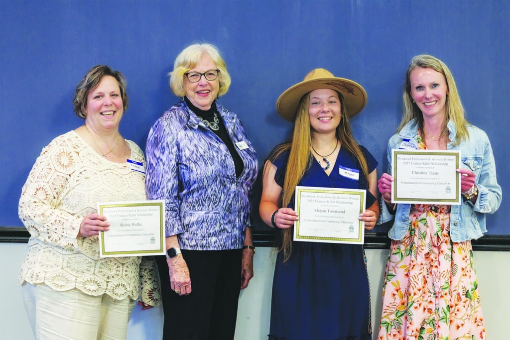 Independent Photo by Andrew Rousey
(From left) Krista Welke, Frances Kuhn  scholarship winner, is pictured with Sandra Pierce, WPBW scholarship chairwoman; and Megan Townsend and Christina Evans, also scholarship winners.